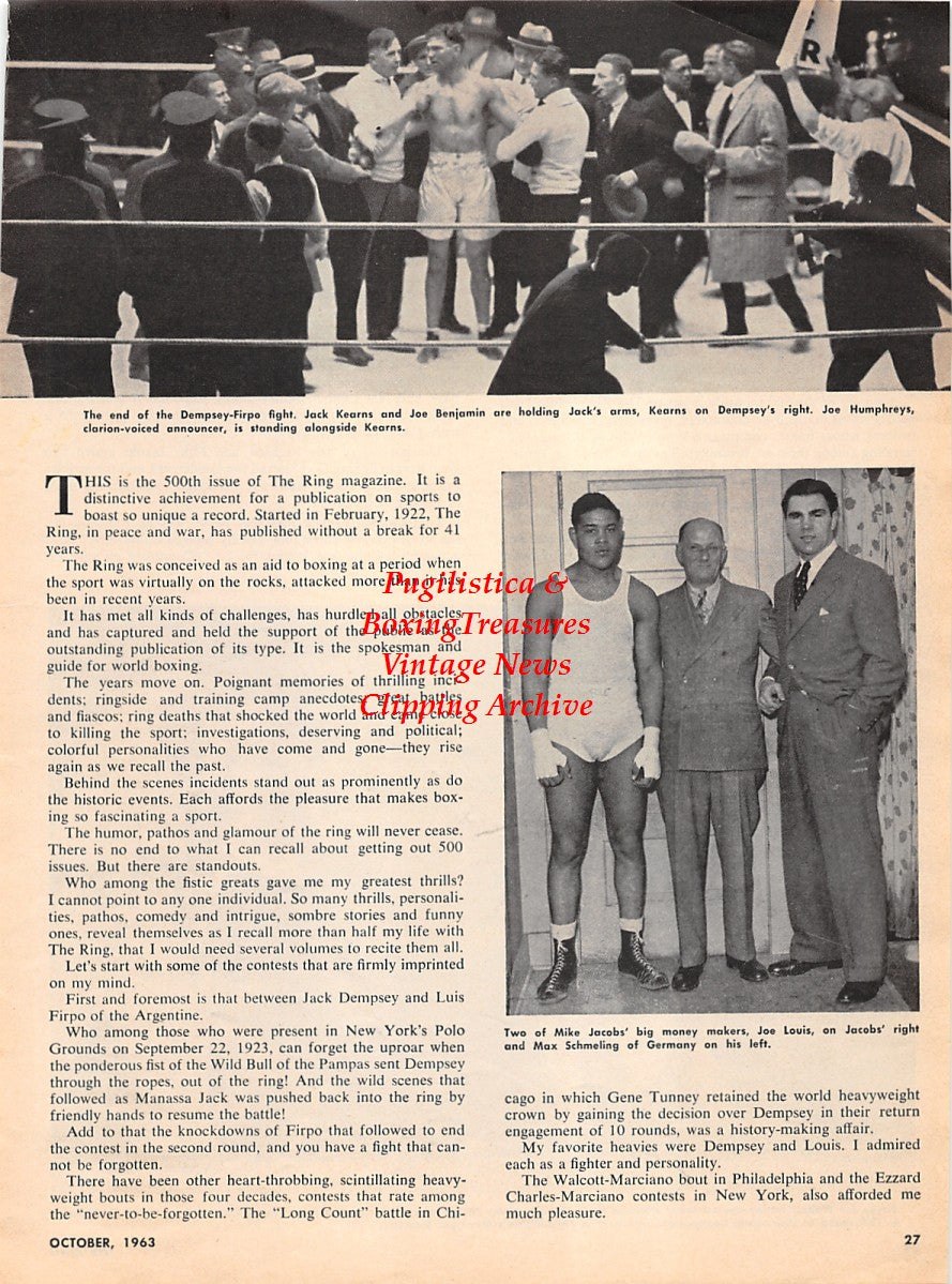 Boxing News Clipping #2255 - Jack Dempsey vs. Luis Angel Firpo, Joe Louis, Max Schmeling, Mike Jacobs, Rocky Marciano vs. Jersey Joe Walcott