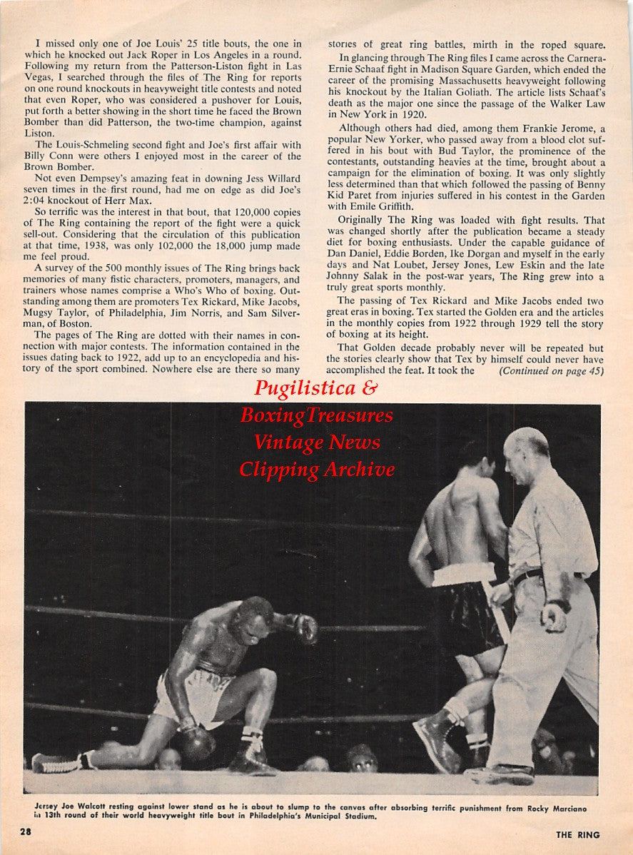 Boxing News Clipping #2255 - Jack Dempsey vs. Luis Angel Firpo, Joe Louis, Max Schmeling, Mike Jacobs, Rocky Marciano vs. Jersey Joe Walcott