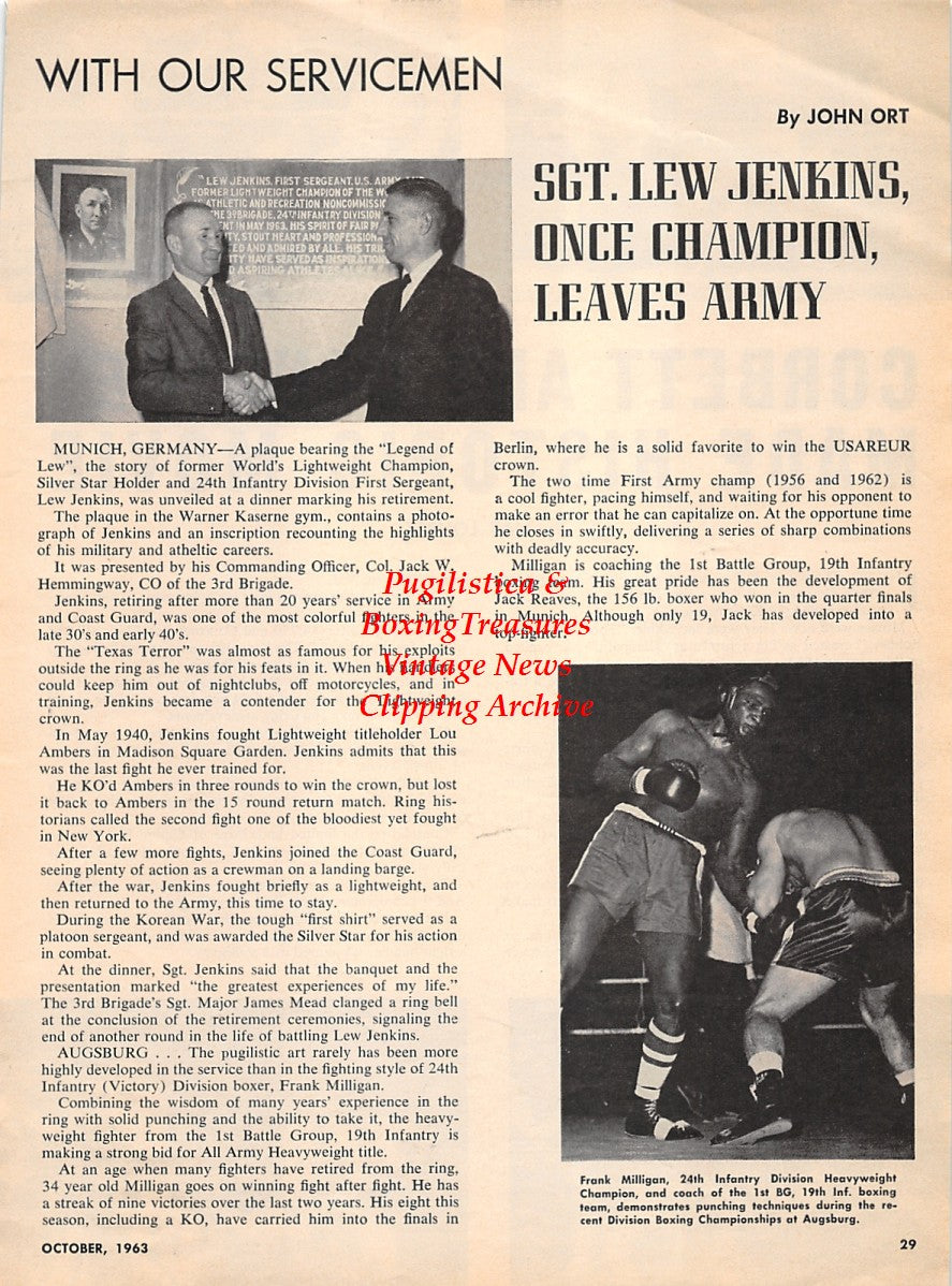 Boxing News Clipping #2256 - James J. Corbett vs. Peter Courtney fight film, Sgt. Lew Jenkins, Frank Milligan of 24th Infantry Division