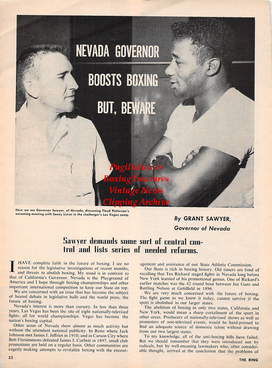 Boxing News Clipping #2257 - James J. Corbett vs. Peter Courtney fight film, Governor Grant Sawyer, Floyd Patterson