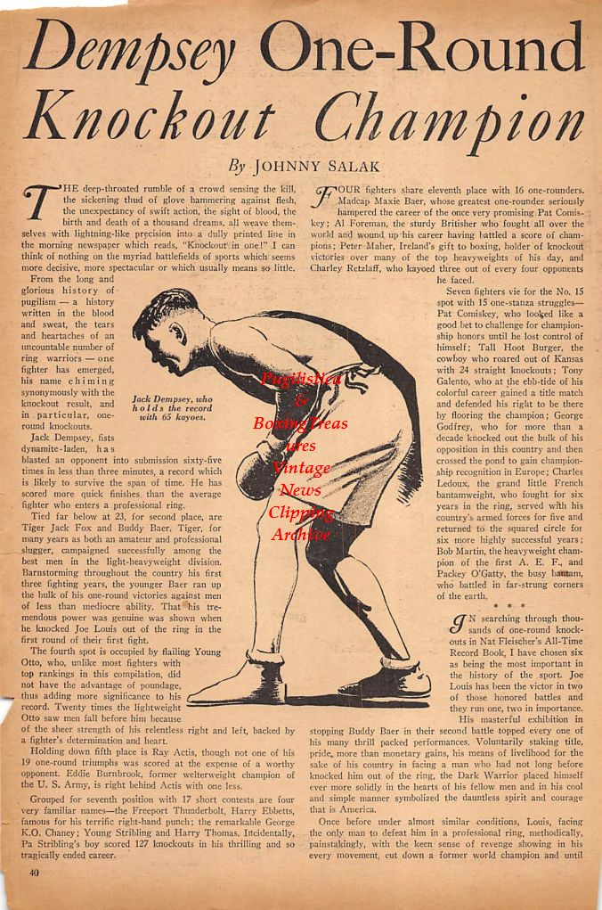 Boxing News Clipping #226 - Jack Dempsey "One-Round Knockout Champion"