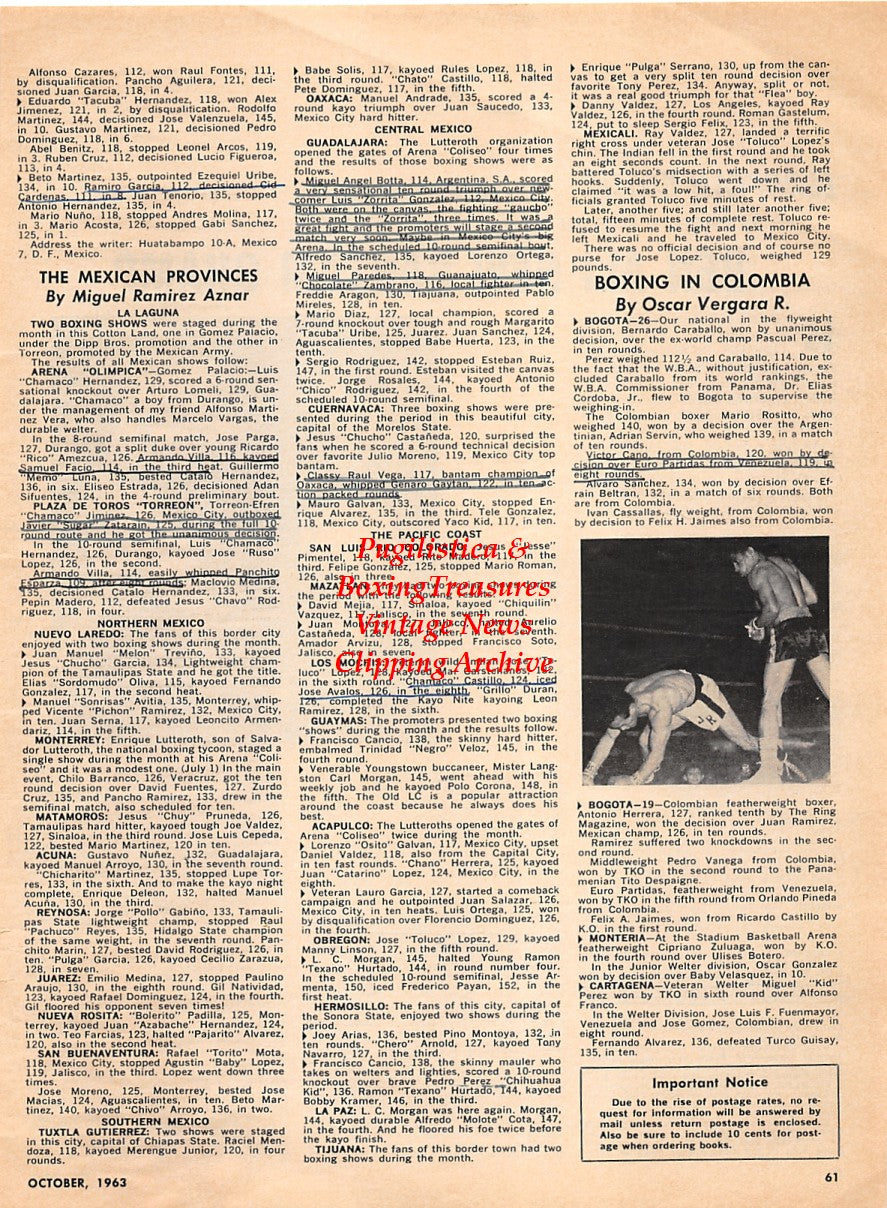 Boxing News Clipping #2264 - Wayne Bethea vs. Karl Mildenberger, Antonio Herrera vs. Juan Ramirez
