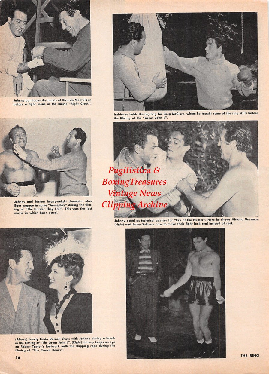Boxing News Clipping #2270 - Johnny Indrisano, Ricardo Montalban, Max Baer, Linda Darnell, Greg McClure, Vittorio Gassman, Barry Sullivan, Fred MacMurray, Rocky Marciano
