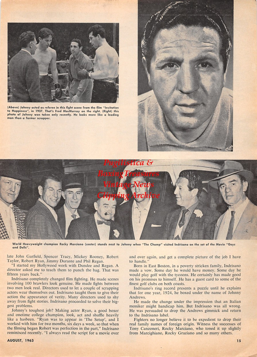 Boxing News Clipping #2270 - Johnny Indrisano, Ricardo Montalban, Max Baer, Linda Darnell, Greg McClure, Vittorio Gassman, Barry Sullivan, Fred MacMurray, Rocky Marciano