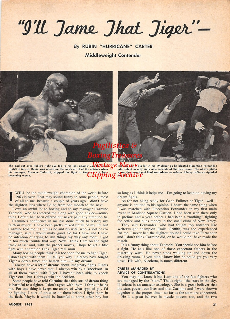 Boxing News Clipping #2273 - Rubin "Hurricane" Carter, Joe Gonzalez, Florentino Fernandez, Carmine Tedeschi, Johnny Lobianco