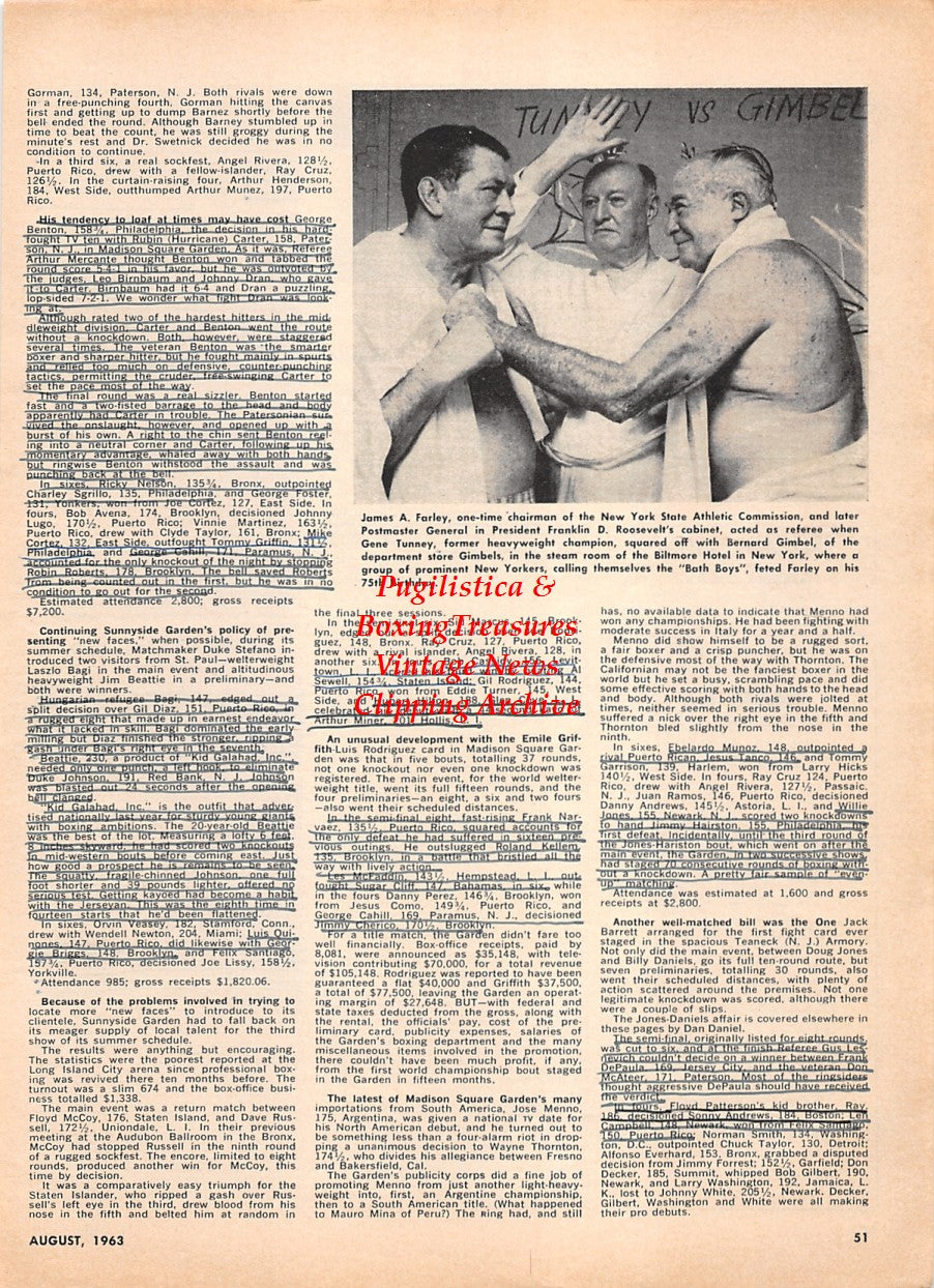 Boxing News Clipping #2282 - Gene Tunney, James A. Farley, Bernard Gimbel, Zora Folley vs. Bob Cleroux