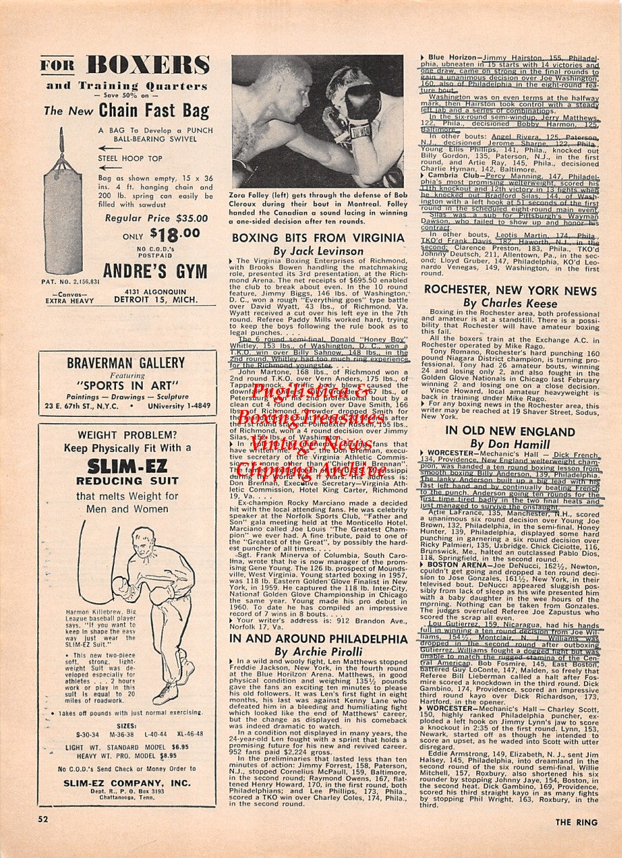 Boxing News Clipping #2282 - Gene Tunney, James A. Farley, Bernard Gimbel, Zora Folley vs. Bob Cleroux
