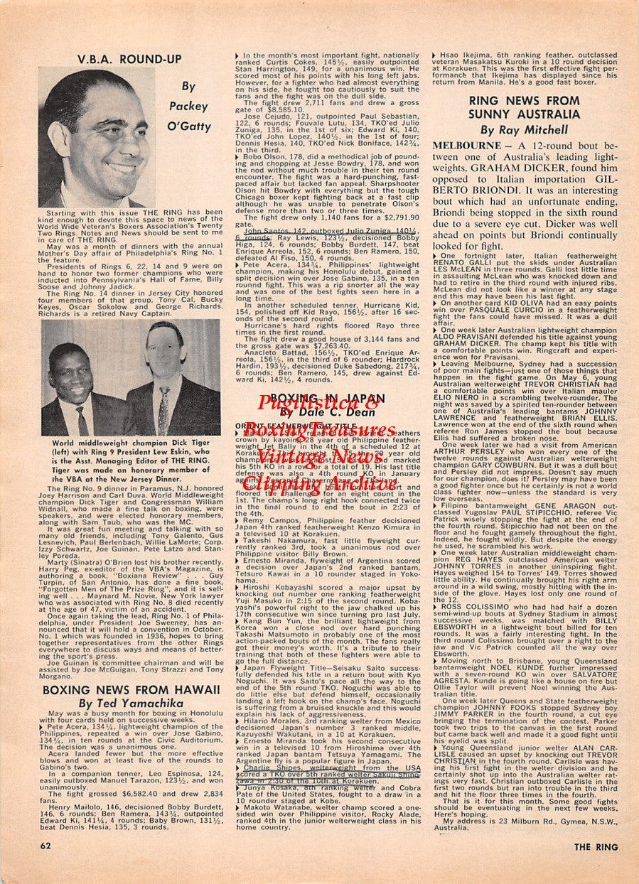 Boxing News Clipping #2286 - Packey O'Gatty, Dick Tiger, Lew Eskin, Sandro Mazzinghi vs. Don Fullmer