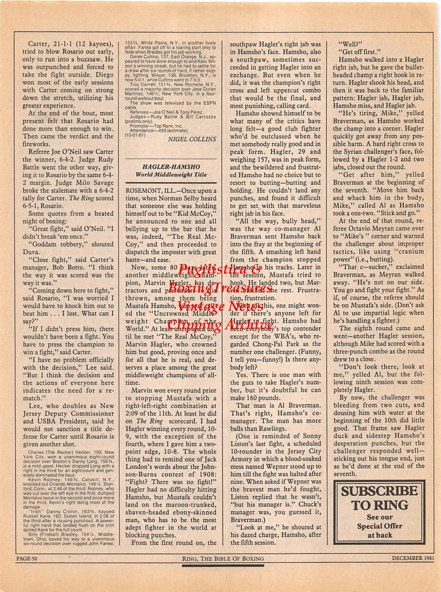 Boxing News Clipping #2296 - Marvin Hagler vs. Mustafa Hamsho, Roberto Duran vs. Luigi Minchillo Fight Recaps