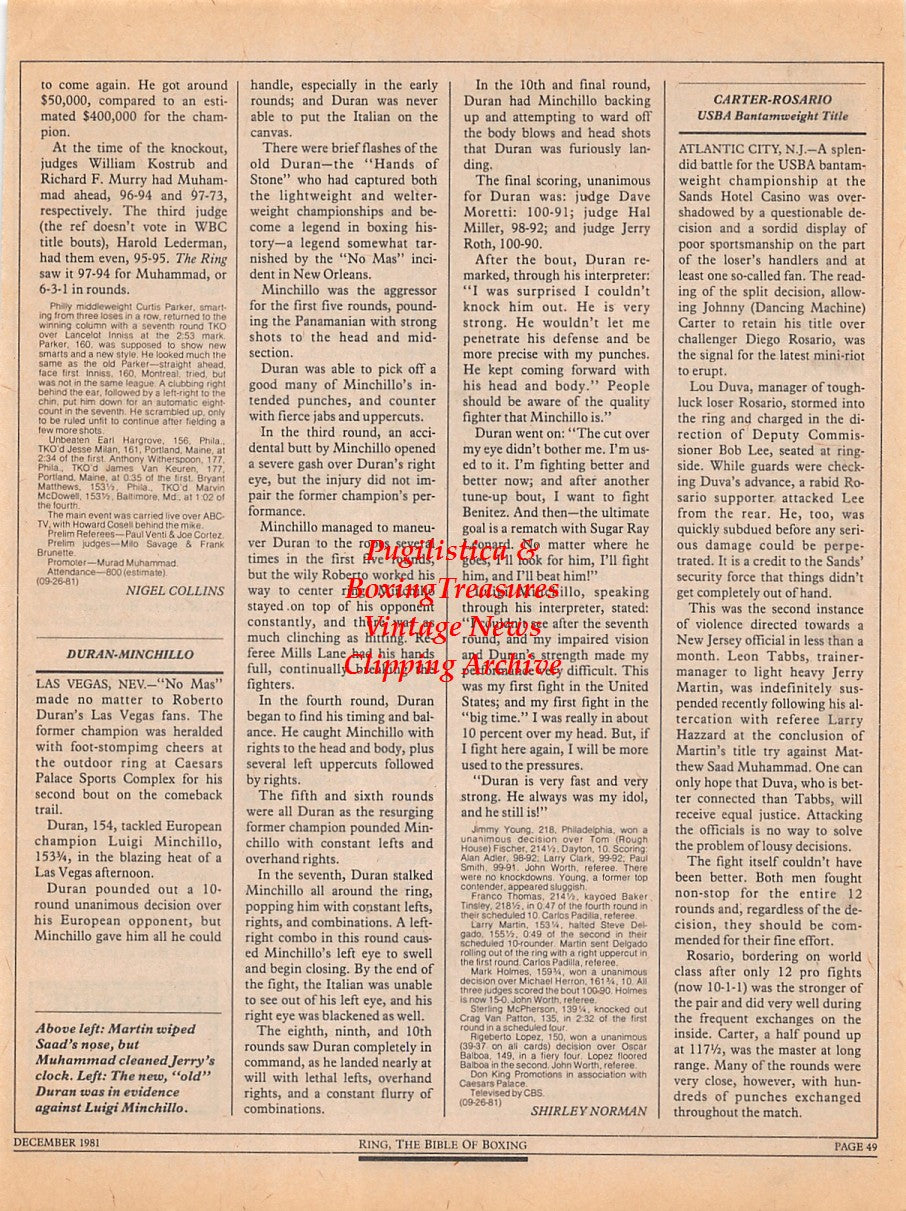 Boxing News Clipping #2296 - Marvin Hagler vs. Mustafa Hamsho, Roberto Duran vs. Luigi Minchillo Fight Recaps