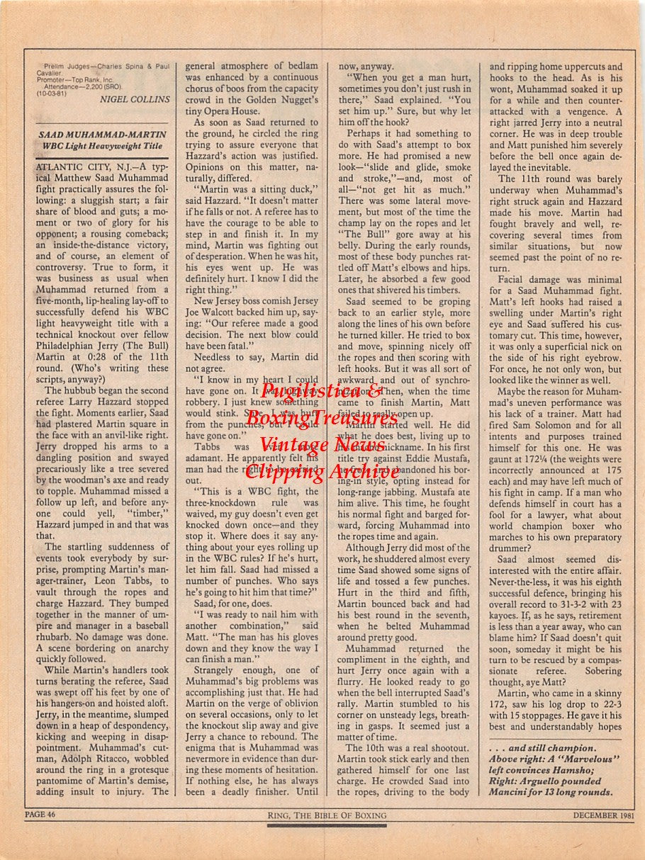 Boxing News Clipping #2298 - Matthew Saad Muhammad vs. Jerry Martin, Ray Mancini vs. Alexis Arguello fight recaps