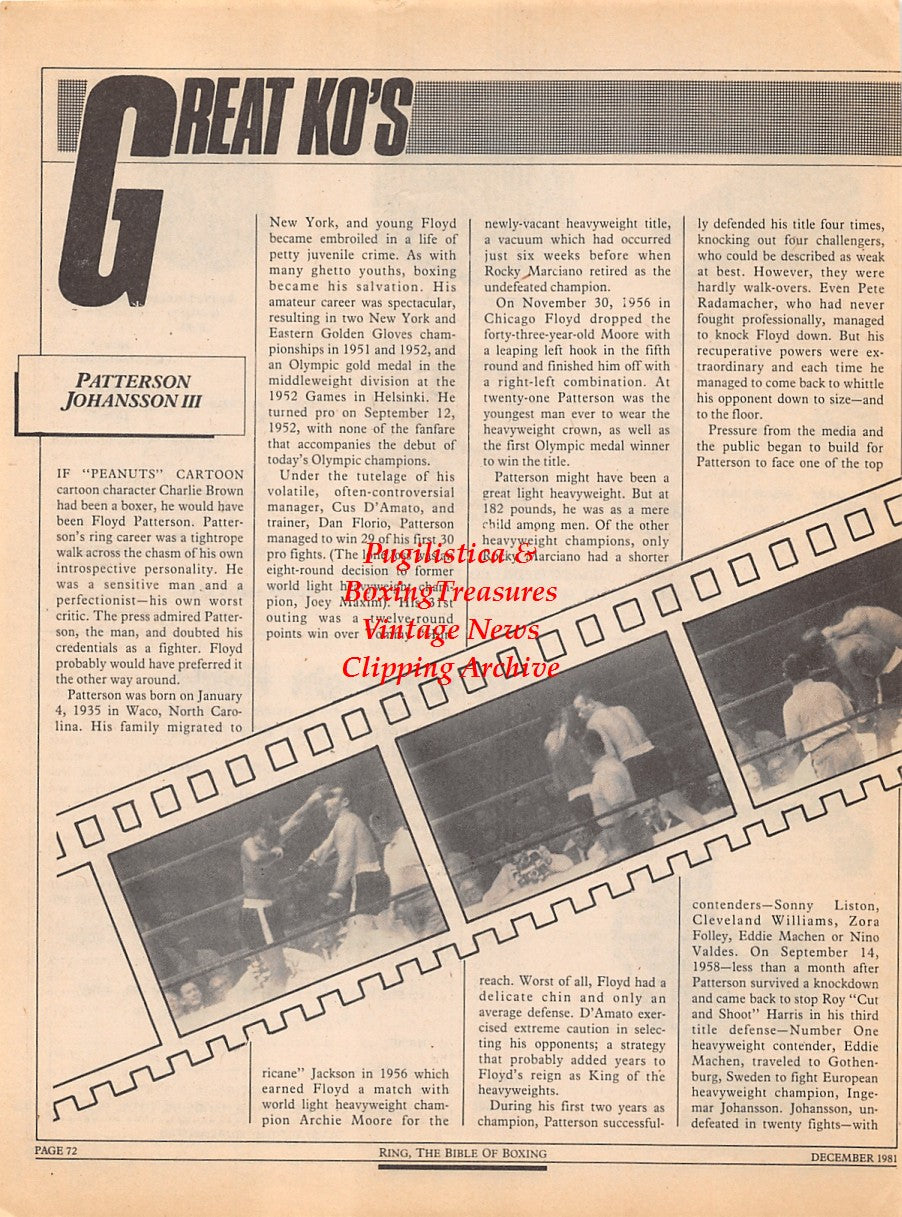 Boxing News Clipping #2301 - Floyd Patterson vs. Ingemar Johansson III, K and O Medal Company Boxing Trophy Ad