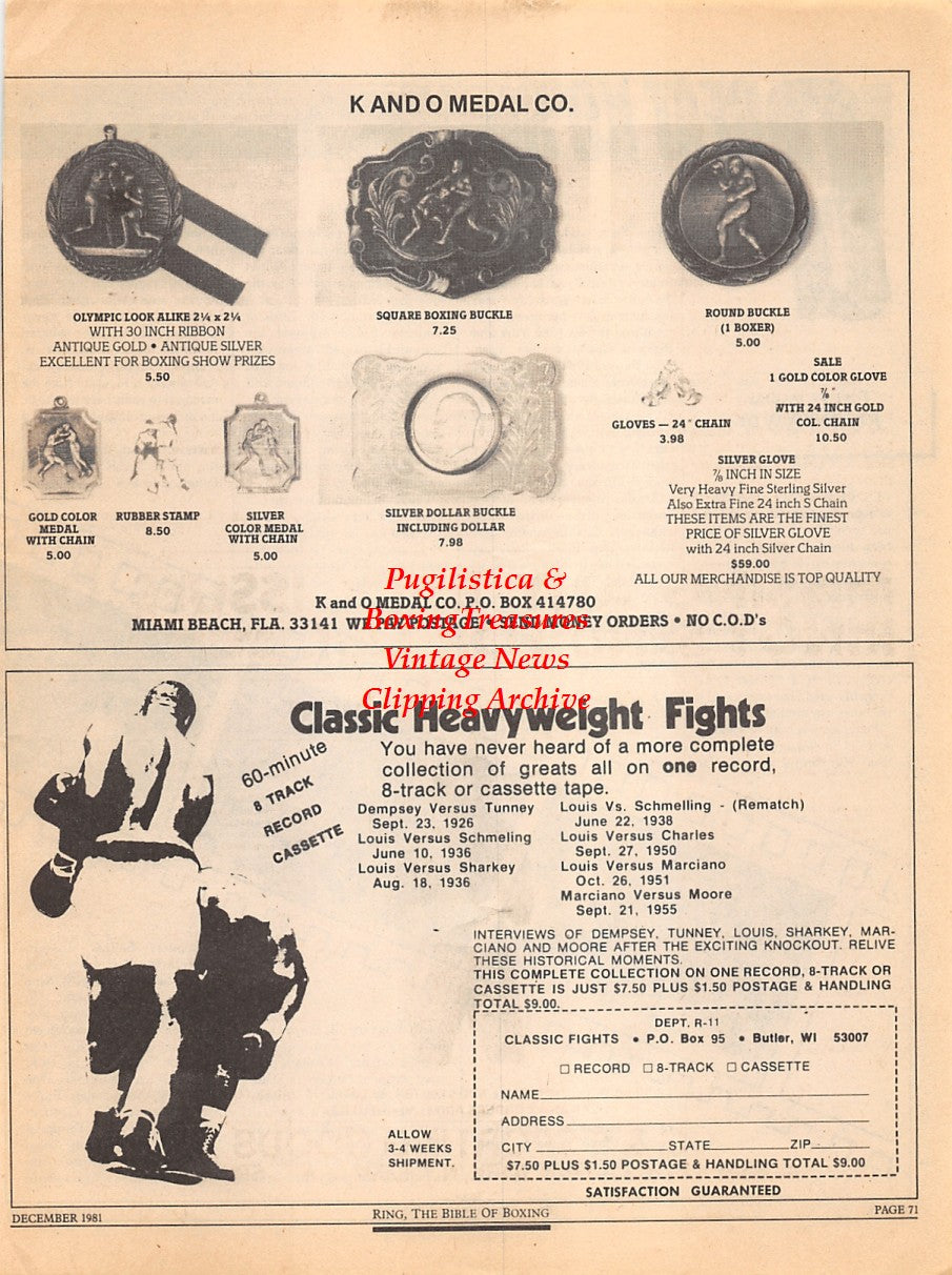 Boxing News Clipping #2301 - Floyd Patterson vs. Ingemar Johansson III, K and O Medal Company Boxing Trophy Ad