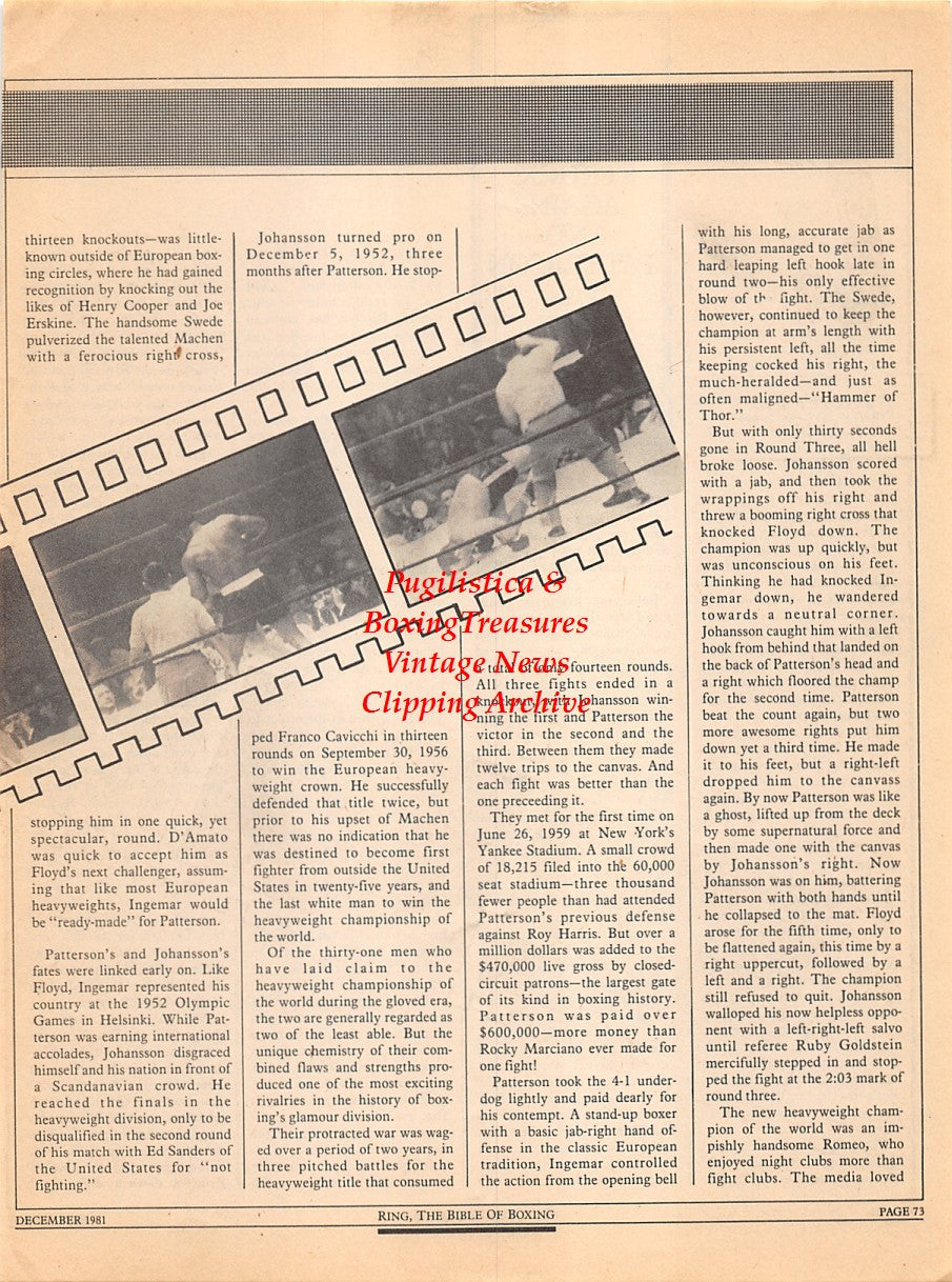 Boxing News Clipping #2302 - Floyd Patterson vs. Ingemar Johansson III "Great KO's"