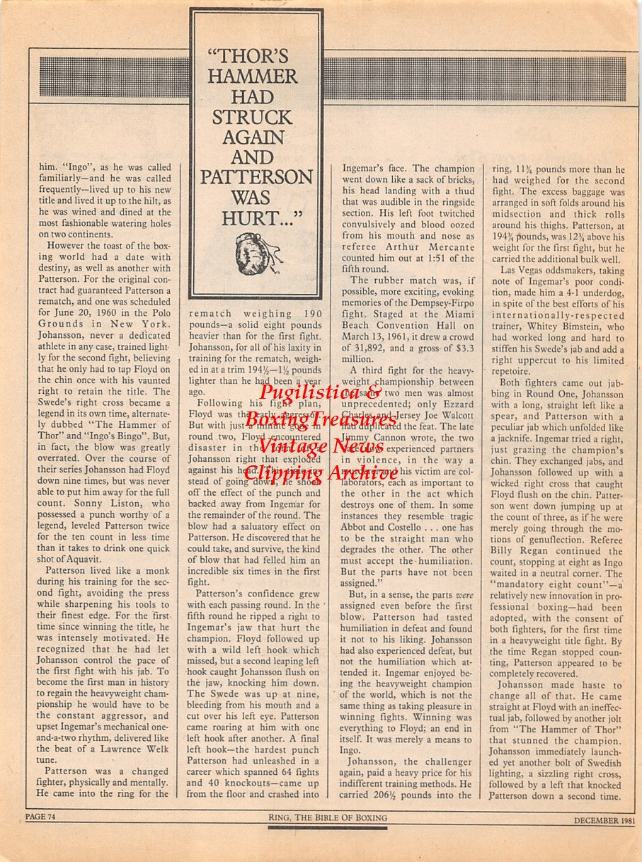 Boxing News Clipping #2302 - Floyd Patterson vs. Ingemar Johansson III "Great KO's"