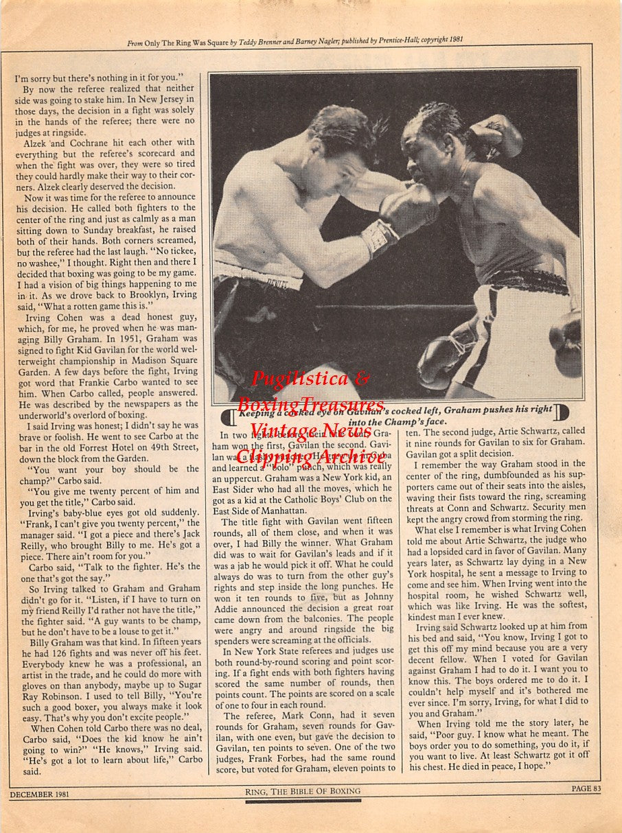 Boxing News Clipping #2306 - Billy Graham vs. Kid Gavilan, Lew Jenkins Memorial