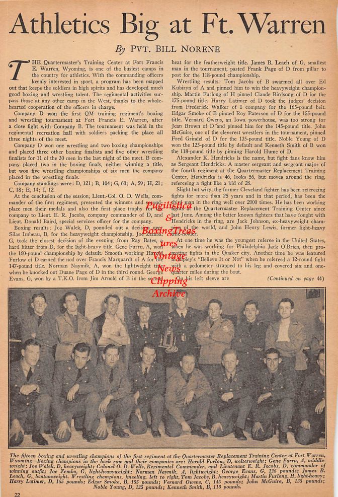 Boxing News Clipping #231 - Paul Cook, Basil Misera, Joe Narwacki, Al Braverman, Harold Furlow, Gene Furru, Joe Walek, Joe Zemba, Norman Naymik, James Leach, Martin Furlong, Noble Young, Boxing at Fort Warren Wyoming and more