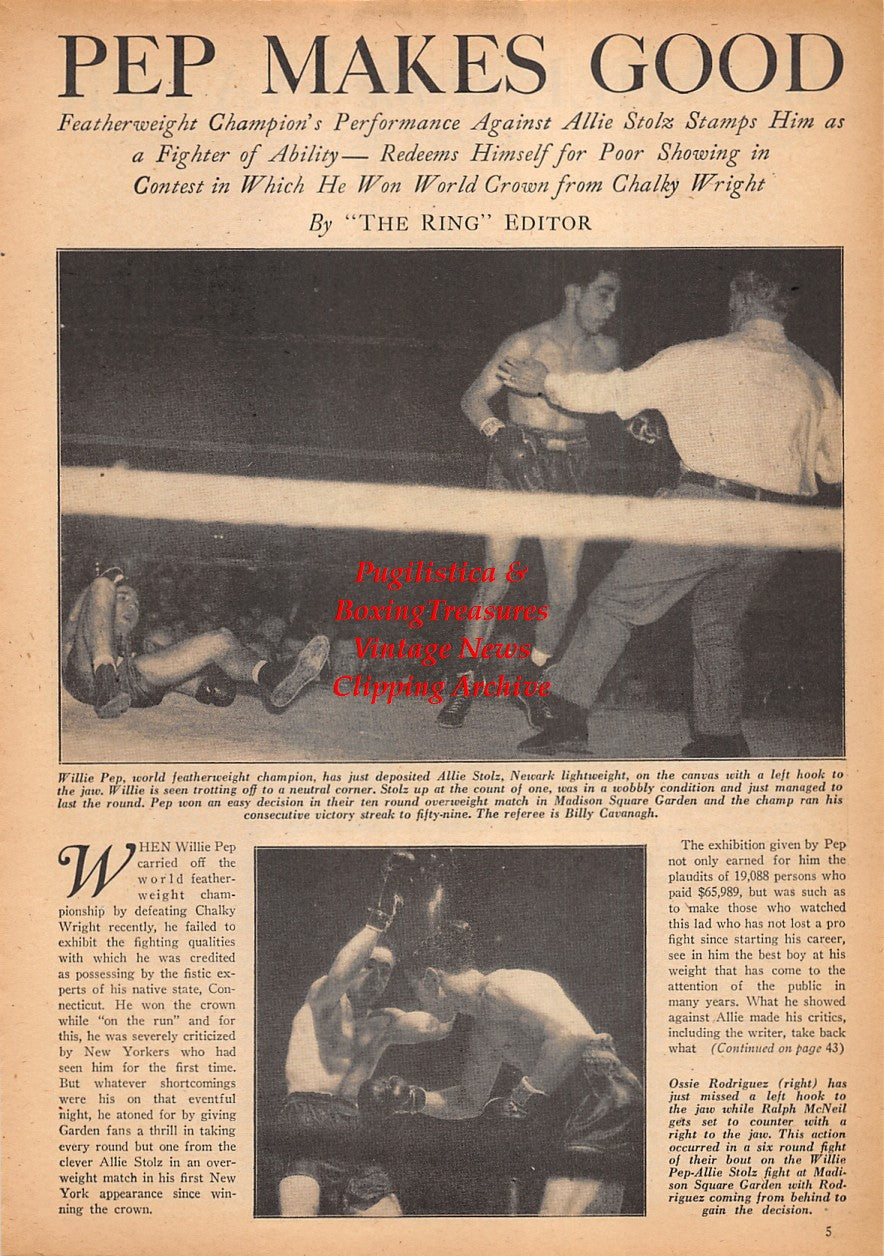 Boxing News Clipping #2313 - Willie Pep vs. Allie Stolz, Ossie Rodriguez vs. Ralph McNeil, Johnny Reagan