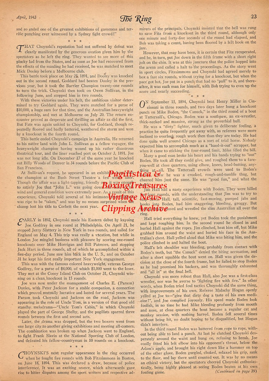 Boxing News Clipping #2320 - Hank Postaway, Jimmy McDaniels, Lefty LaChance, Davey Crawford, Joe Choynski Memorial article