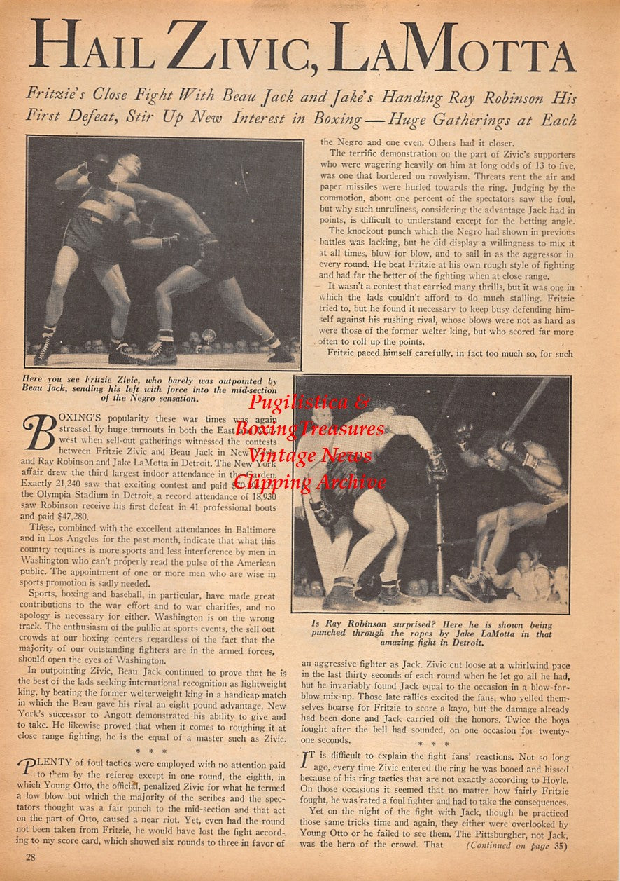 Boxing News Clipping #2322 - Paul Bliss, Thomas Carr, Irish Johnny Smith, Vic Cogguano, Fritzie Zivic vs. Beau Jack, Ray Robinson vs. Jake LaMotta