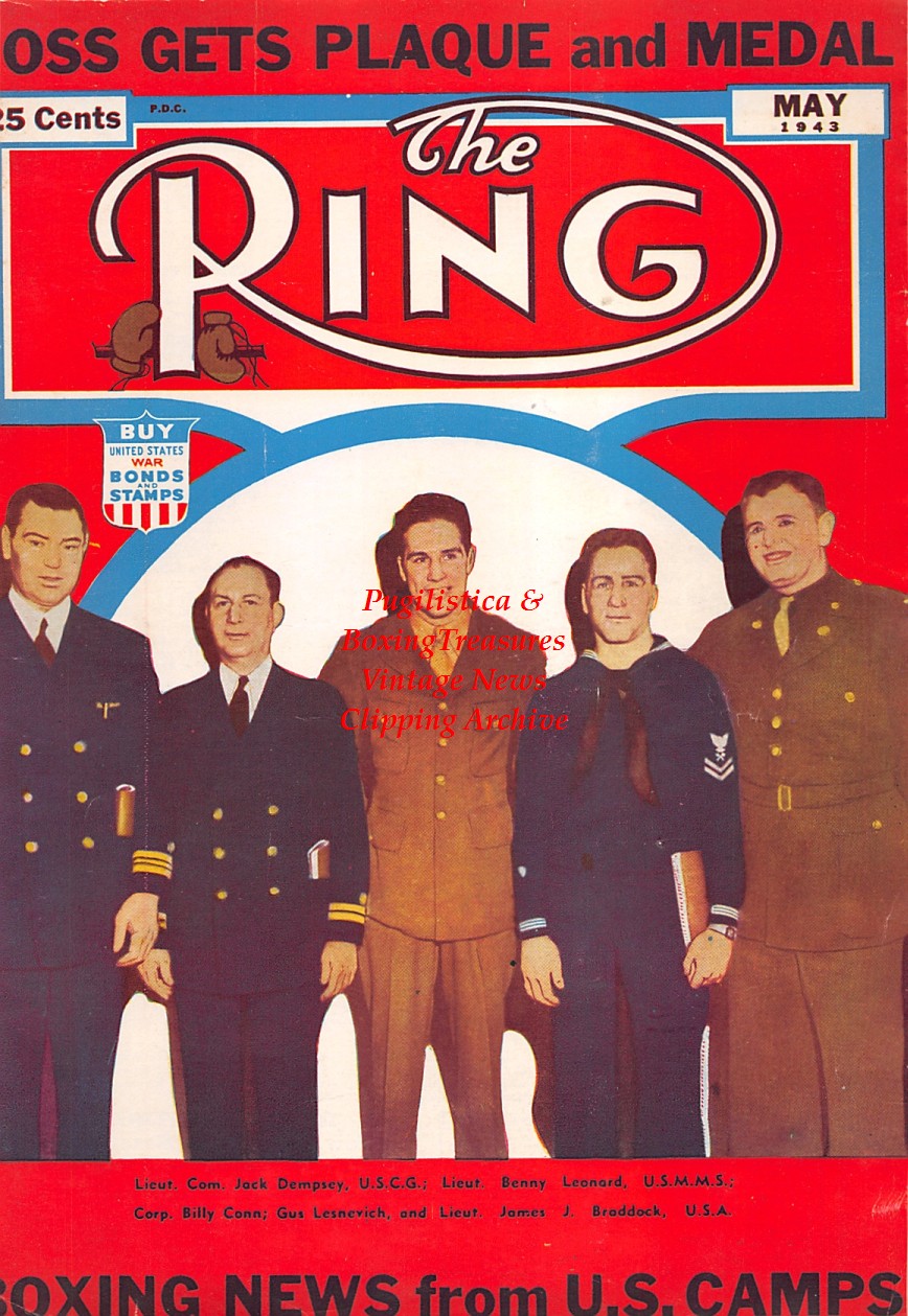 Boxing News Clipping #2325 - Jack Dempsey, Benny Leonard, Billy Conn, Gus Lesnevich, Jim Braddock in Military Uniforms