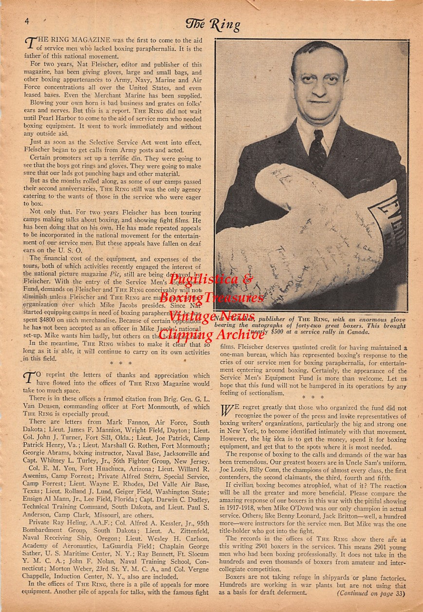 Boxing News Clipping #2326 - Mike Jacobs, Nat Fleischer with Giant Signed Glove 1943