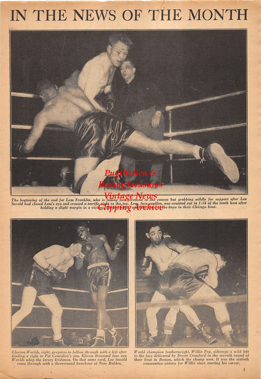 Boxing News Clipping #2327 - Lem Franklin vs. Lee Savold, Clayton Worlds vs. Pat Comiskey, Willie Pep vs. Davey Crawford, Barney Ross awarded Edward J. Neil Award