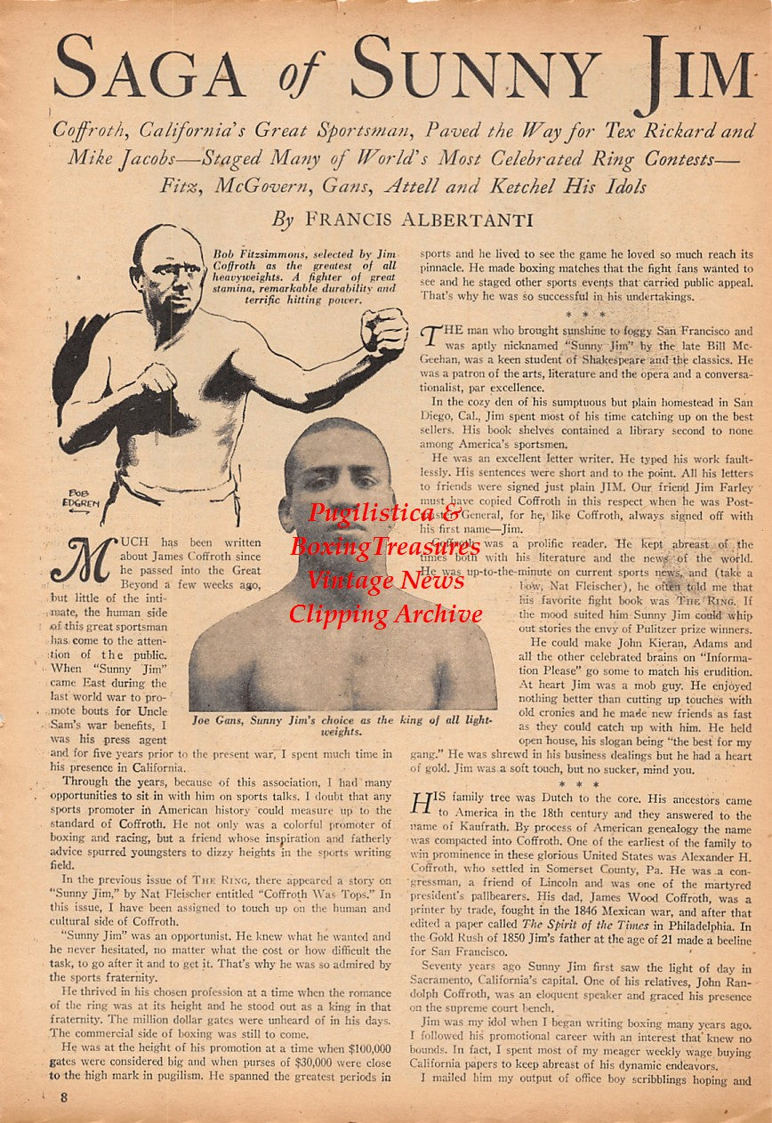 Boxing News Clipping #2328 - Saga of Sunny Jim Coffroth, Bob Fitzsimmons, Joe Gans, Jack Dempsey, Jim Braddock, Nat Fleischer