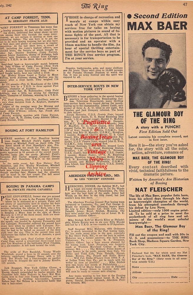 Boxing News Clipping #233 - Ring Results from New York, Camp Forrest Tennessee, Fort Hamilton, Panama Camps, NYC Inter-Service, Aberdeen Proving Ground
