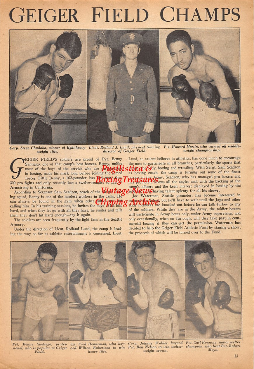 Boxing News Clipping #2331 - Barney Ross, Geiger Field Military Boxers with: Steve Chudoba, Rolland Lund, Howard Martin, Benny Santiago, Fred Henneman, Johnny Walker, Carl Ronning