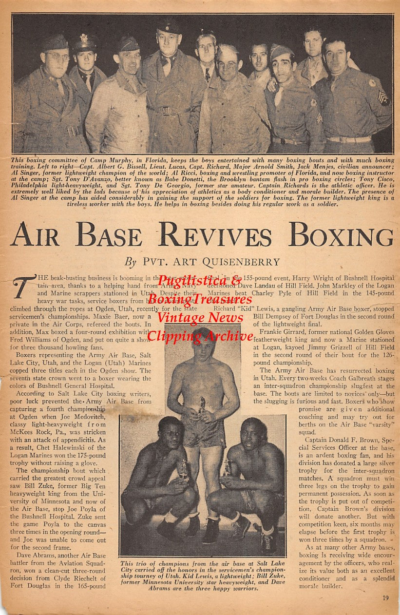 Boxing News Clipping #2334 - Military Boxers: Kid Lewis, Bill Zuke, Dave Abrams, Al Singer, Tony DeGeorgio, Schofield Barracks Boxing Team, Tiger Taosaka, Eddie Reyes, Ted King and Many Others
