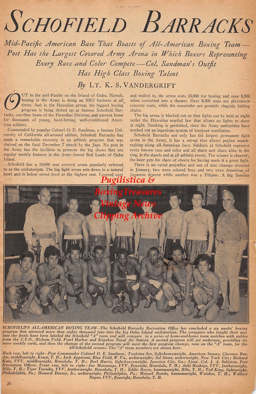 Boxing News Clipping #2334 - Military Boxers: Kid Lewis, Bill Zuke, Dave Abrams, Al Singer, Tony DeGeorgio, Schofield Barracks Boxing Team, Tiger Taosaka, Eddie Reyes, Ted King and Many Others