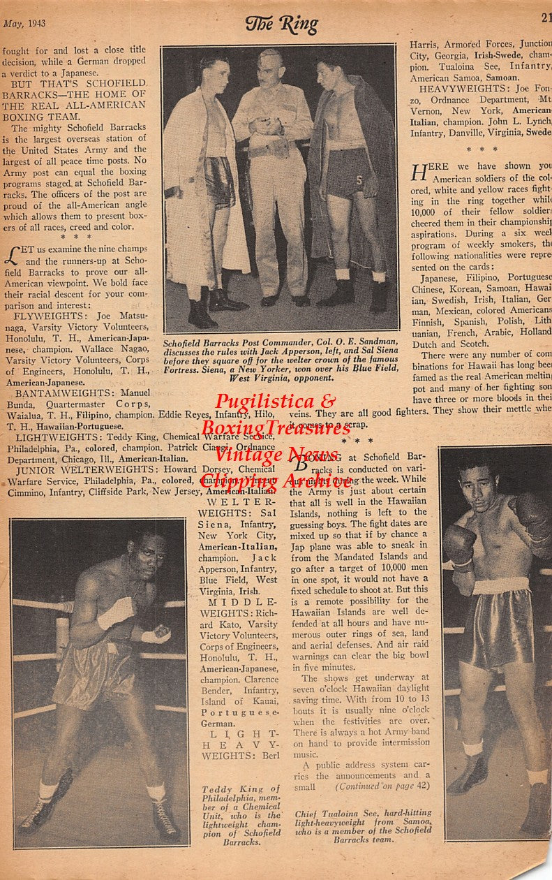 Boxing News Clipping #2335 - Bill Brown, Schofield Barracks Boxing, Jack Apperson, Sal Siena, Teddy King, Chief Tualoina