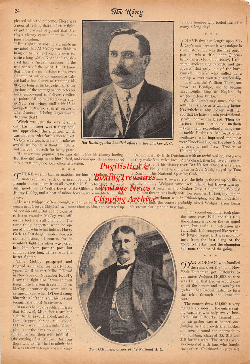 Boxing News Clipping #2336 - Knockout Brown, Billy Gibson, Jim Buckley, Tom O'Rourke