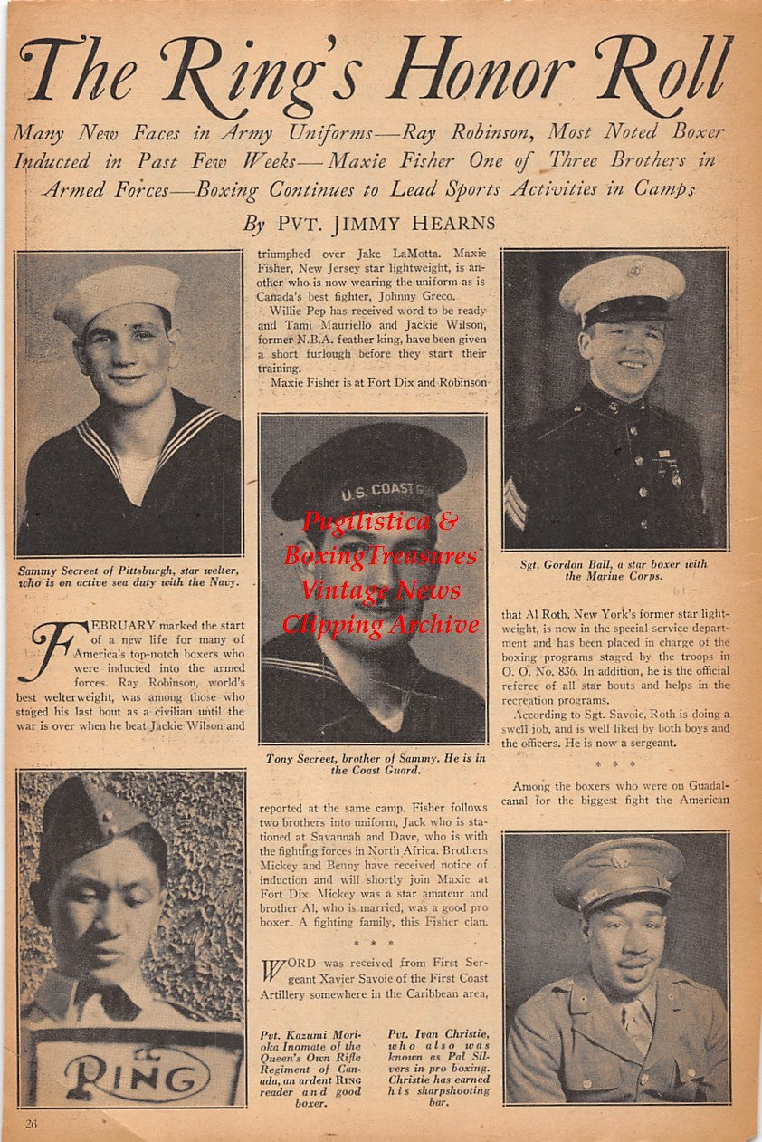 Boxing News Clipping #2337 - Military Boxers: Sammy Secreet, Tony Secreet, Gordon Ball, Kazumi Morioka Inomate, Pal Silvers, Frank Montoya, Hector Marquis, Juan De La Torre, Manuel Ortega, Emil Zoltak and Others