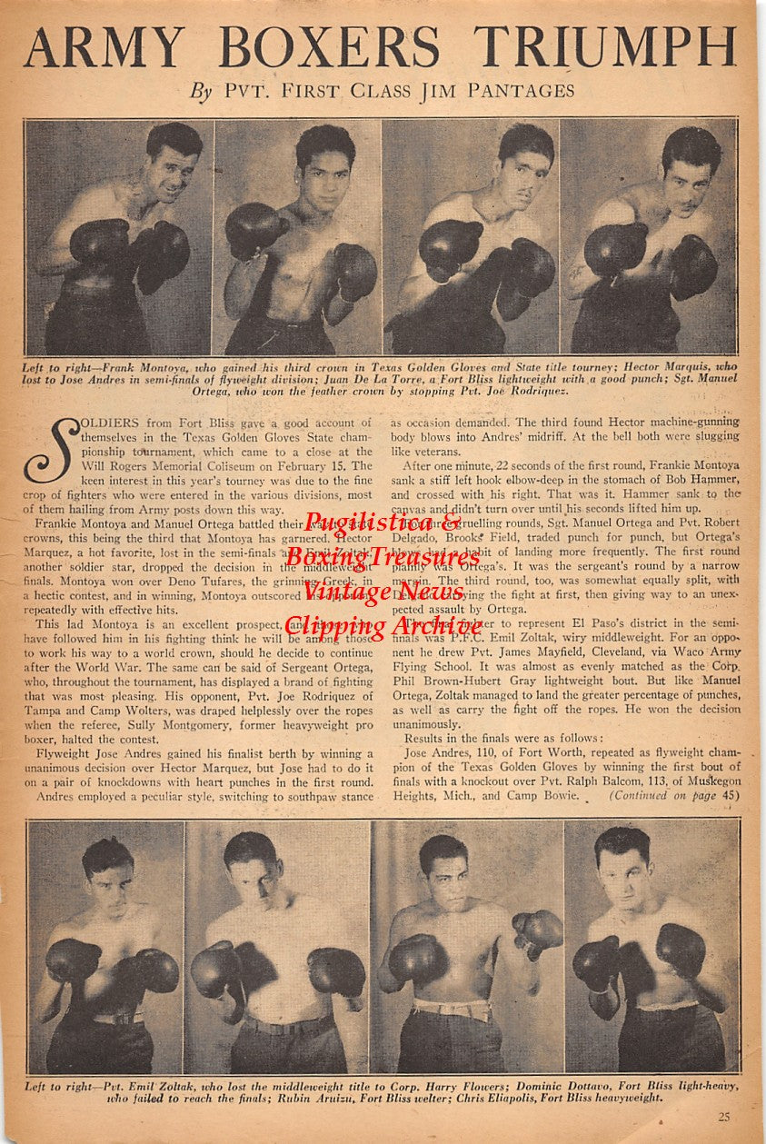 Boxing News Clipping #2337 - Military Boxers: Sammy Secreet, Tony Secreet, Gordon Ball, Kazumi Morioka Inomate, Pal Silvers, Frank Montoya, Hector Marquis, Juan De La Torre, Manuel Ortega, Emil Zoltak and Others