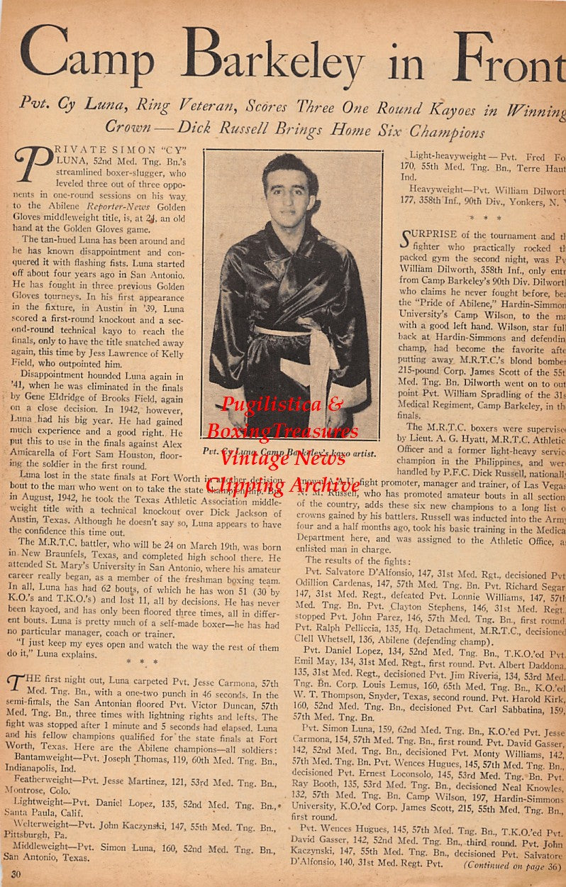 Boxing News Clipping #2339 - Al Roth, Cy Luna, Ralph Rogers, Walter Luna, Sailor O'Keefe, Johnny Pastor