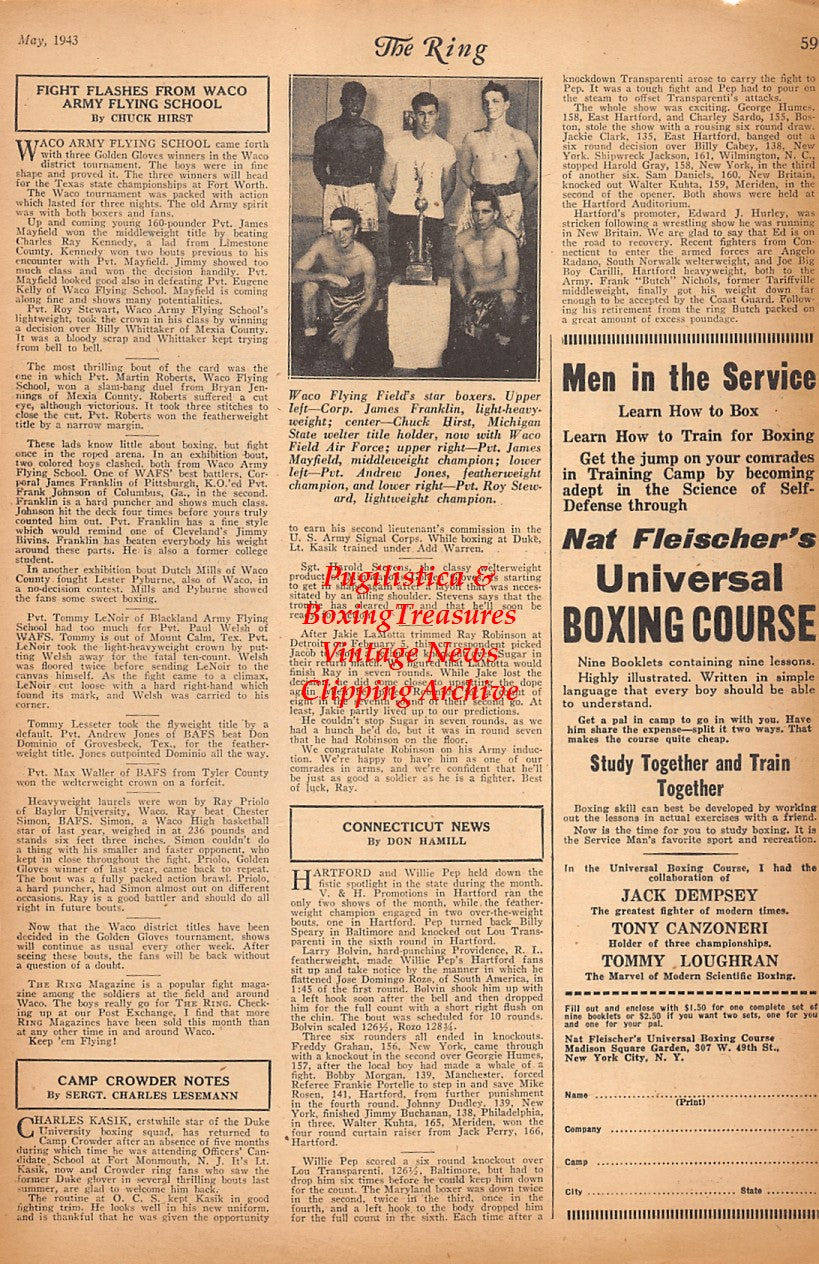 Boxing News Clipping #2343 - Waco Army Flying School, James Franklin, Chuck Hirst, James Mayfield, Andrew Jones, Roy Steward