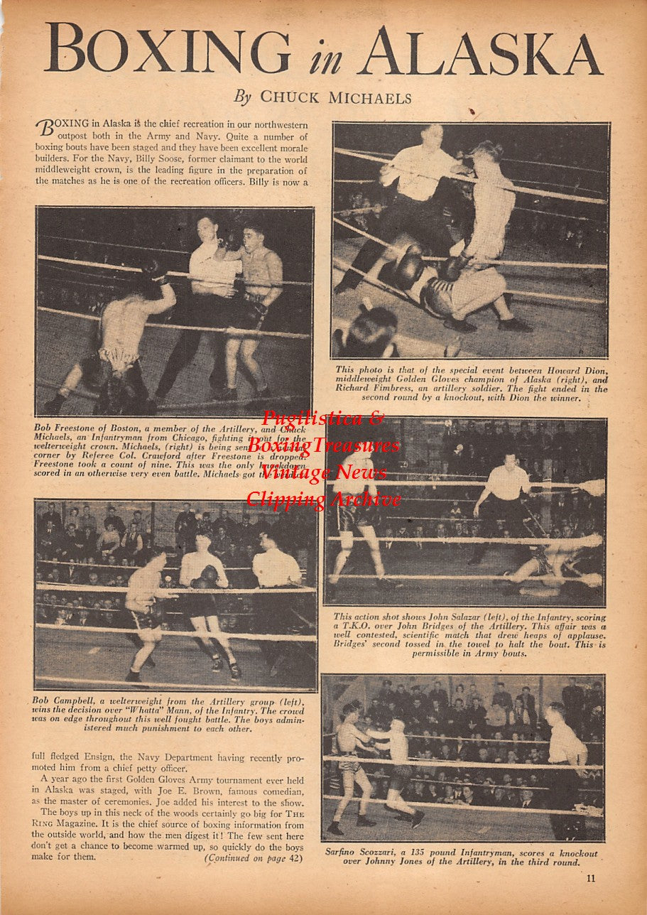 Boxing News Clipping #2348 - Barney Ross, Military Boxing in Alaska, Bob Freestone, Chuck Michaels, Bob Campbell, Whatta Mann, Howard Dion, Richard Fimbress, John Salazar, John Bridges, Sarfino Scozzari, Johnny Jones