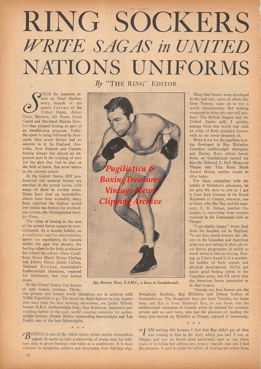 Boxing News Clipping #2348 - Barney Ross, Military Boxing in Alaska, Bob Freestone, Chuck Michaels, Bob Campbell, Whatta Mann, Howard Dion, Richard Fimbress, John Salazar, John Bridges, Sarfino Scozzari, Johnny Jones