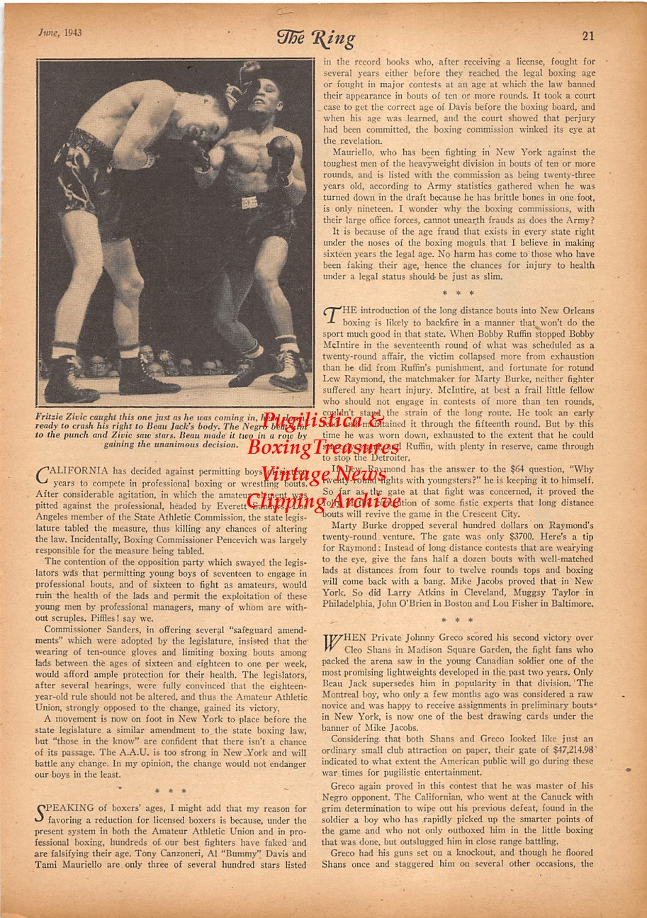 Boxing News Clipping #2352 - Fritzie Zivic vs. Beau Jack, wrestler Vic Christie