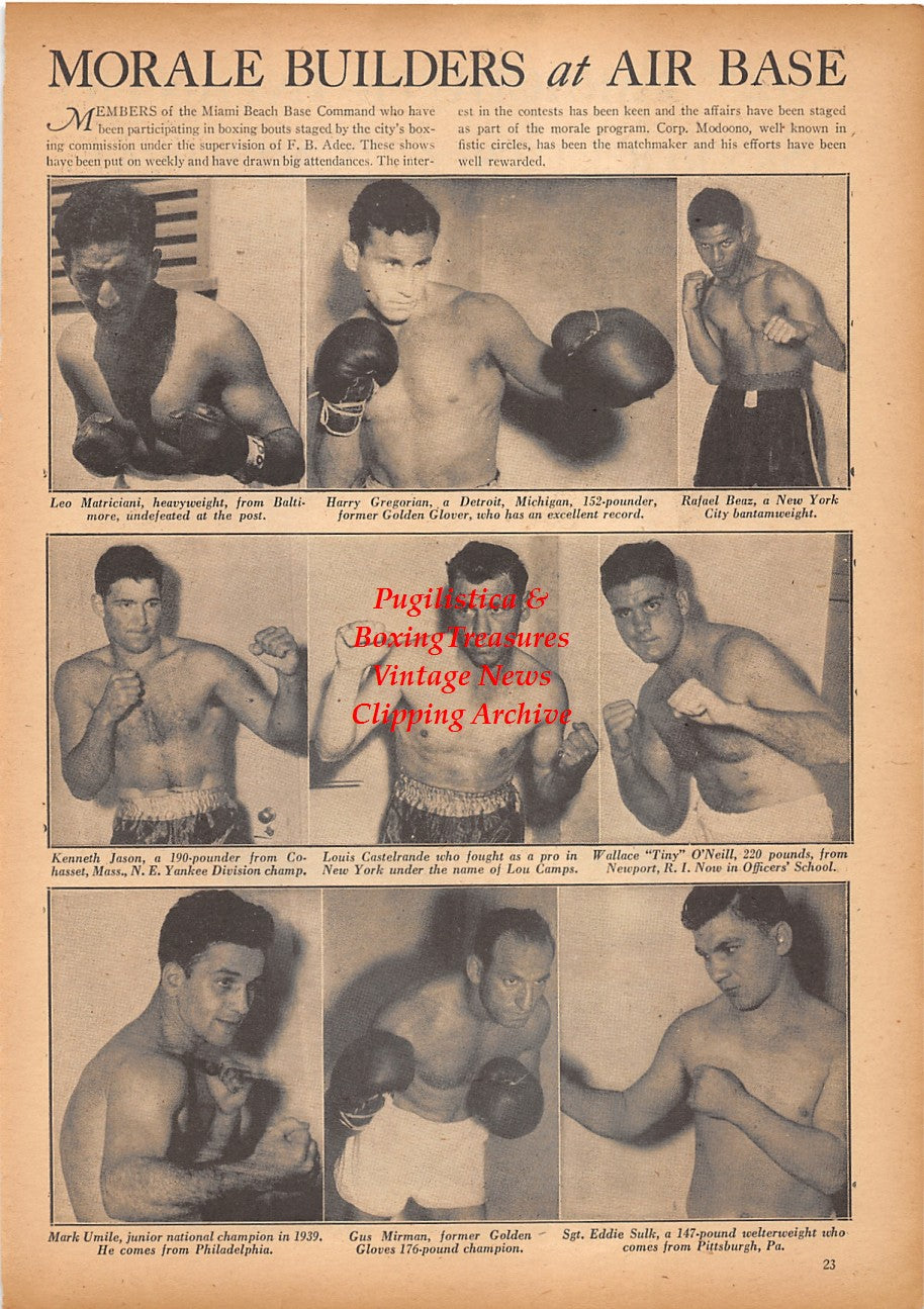 Boxing News Clipping #2353 - Leo Matriciani, Harry Gregorian, Rafael Beaz, Kenneth Jason, Louis Castelrande, Wallace O'Neill, Mark Umile, Gus Mirman, Eddie Sulk, Bob Burns