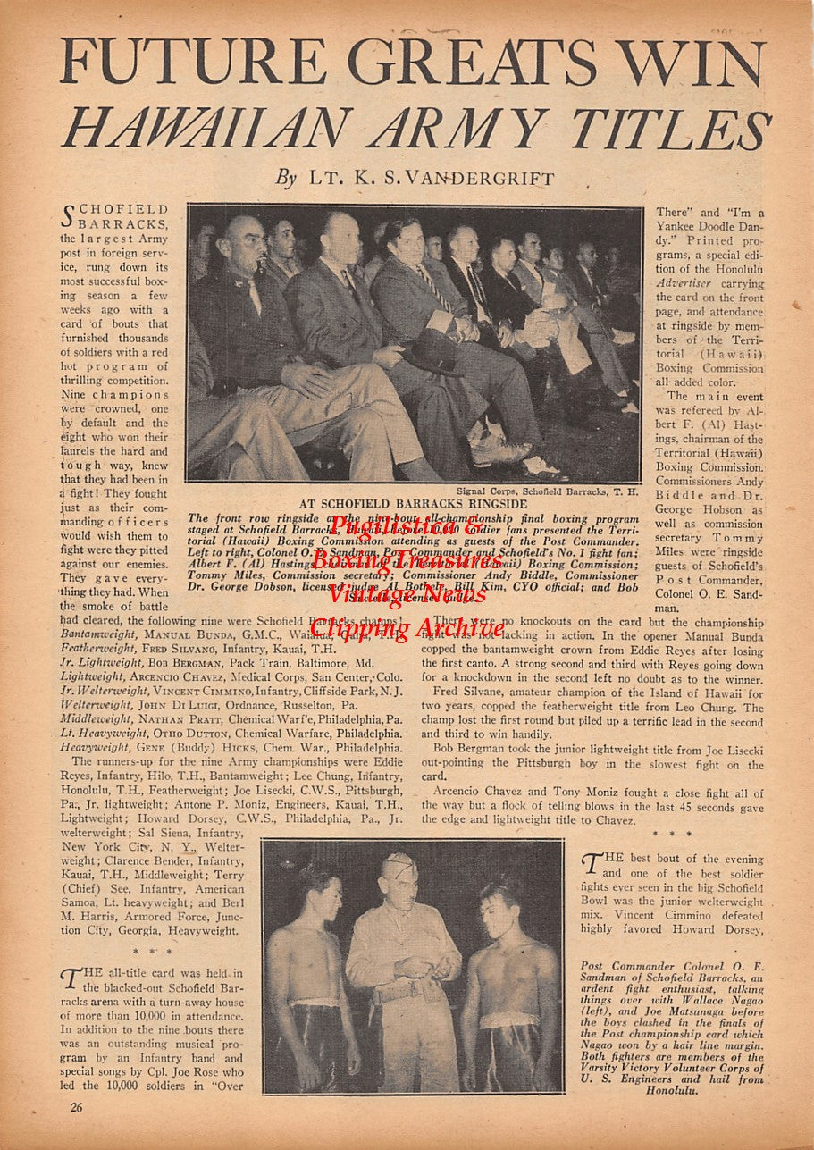 Boxing News Clipping #2354 - Army Boxing on Hawaii, Wallace Nagao, Joe Matsunaga, Charlie Reed, Leo Pichler, Ralph Pombano, Hewitt Tippins