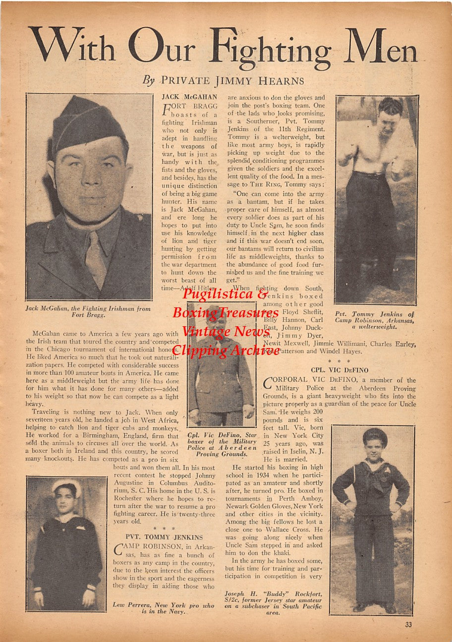 Boxing News Clipping #2358 - Jack McGahan, Tommy Jenkins, Vic DeFino, Lew Perrera, Buddy Rockfort, Louis Tavares, Jackie Fields, Ken Simmons, Buzz Stanton, Norman Jones, Jared D. Sullivan