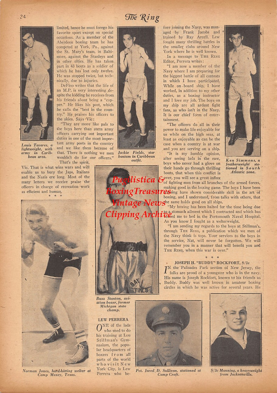 Boxing News Clipping #2358 - Jack McGahan, Tommy Jenkins, Vic DeFino, Lew Perrera, Buddy Rockfort, Louis Tavares, Jackie Fields, Ken Simmons, Buzz Stanton, Norman Jones, Jared D. Sullivan