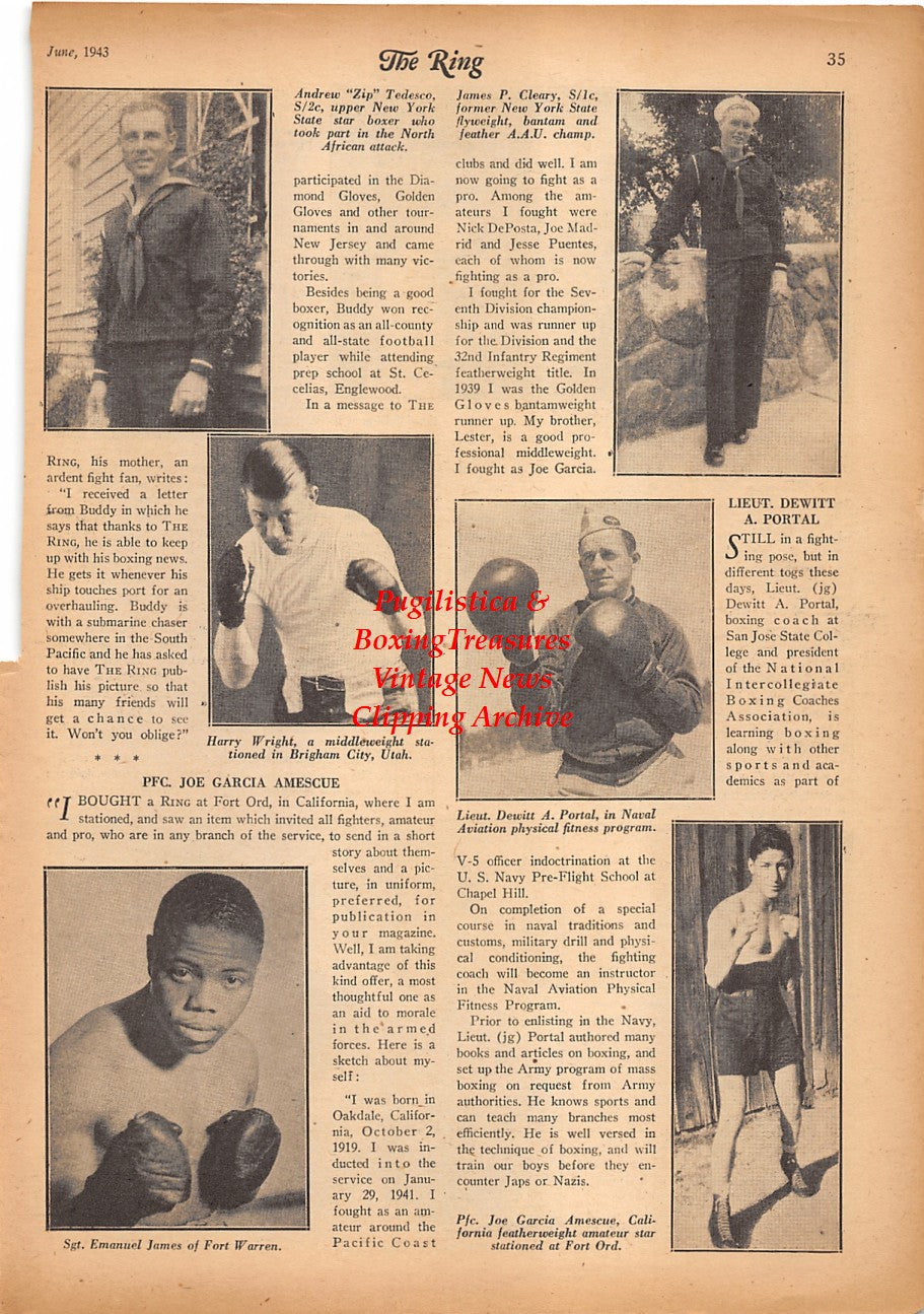 Boxing News Clipping #2359 - Zip Tedesco, James Cleary, Harry Wright, Dewitt Portal, Emanuel James, Joe Garcia Amescue, Tommy Loughran, Morris Aveiss, Harvey Aveiss, Joe Muscato, Erv Sarlen