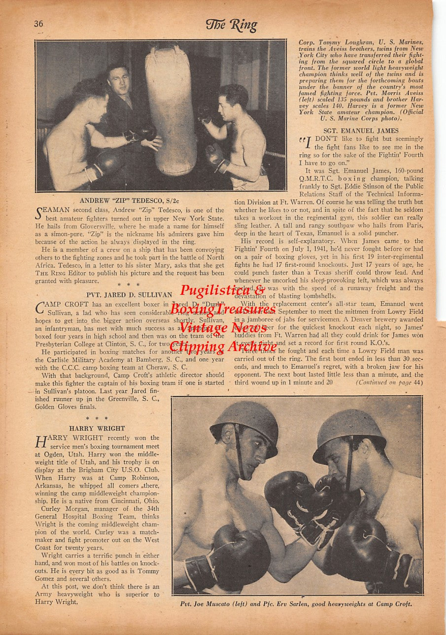 Boxing News Clipping #2359 - Zip Tedesco, James Cleary, Harry Wright, Dewitt Portal, Emanuel James, Joe Garcia Amescue, Tommy Loughran, Morris Aveiss, Harvey Aveiss, Joe Muscato, Erv Sarlen