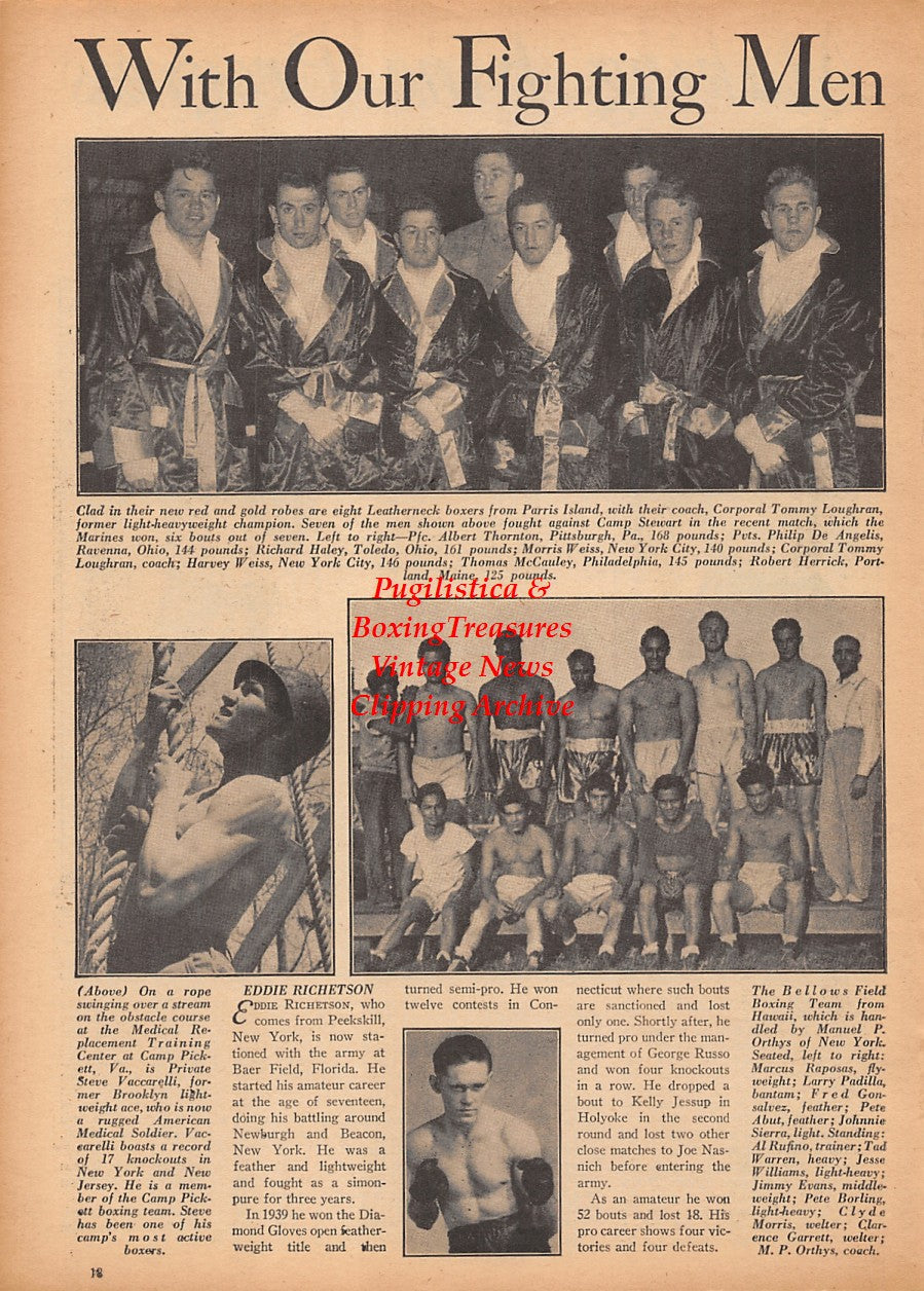Boxing News Clipping #2368 - Parris Island Marine Boxing Team, Bellows Field Boxing Team, Steve Vaccarelli, Eddie Ritchetson, Larry Fontana, Ike Williams and many more