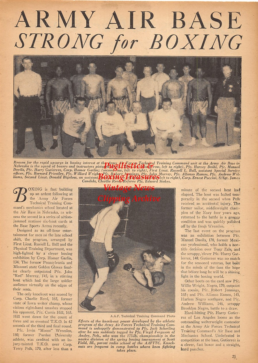 Boxing News Clipping #2371 - Nebraska Army Air Base, Jack Scherling, Virgil Ferguson, Harvey Deihl, Manuel Davila, Homer Garlin, Russell Ball, Bernard Priestley, Robert Jennings, Alfonso Ramos, Donald Bigelow, Ernest Puccini, James Candida and Others