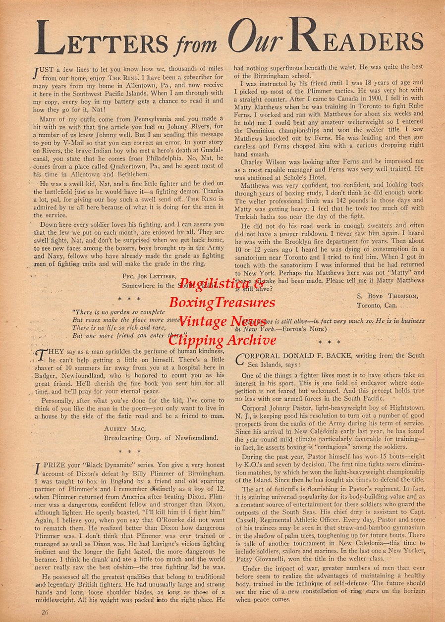 Boxing News Clipping #2371 - Nebraska Army Air Base, Jack Scherling, Virgil Ferguson, Harvey Deihl, Manuel Davila, Homer Garlin, Russell Ball, Bernard Priestley, Robert Jennings, Alfonso Ramos, Donald Bigelow, Ernest Puccini, James Candida and Others